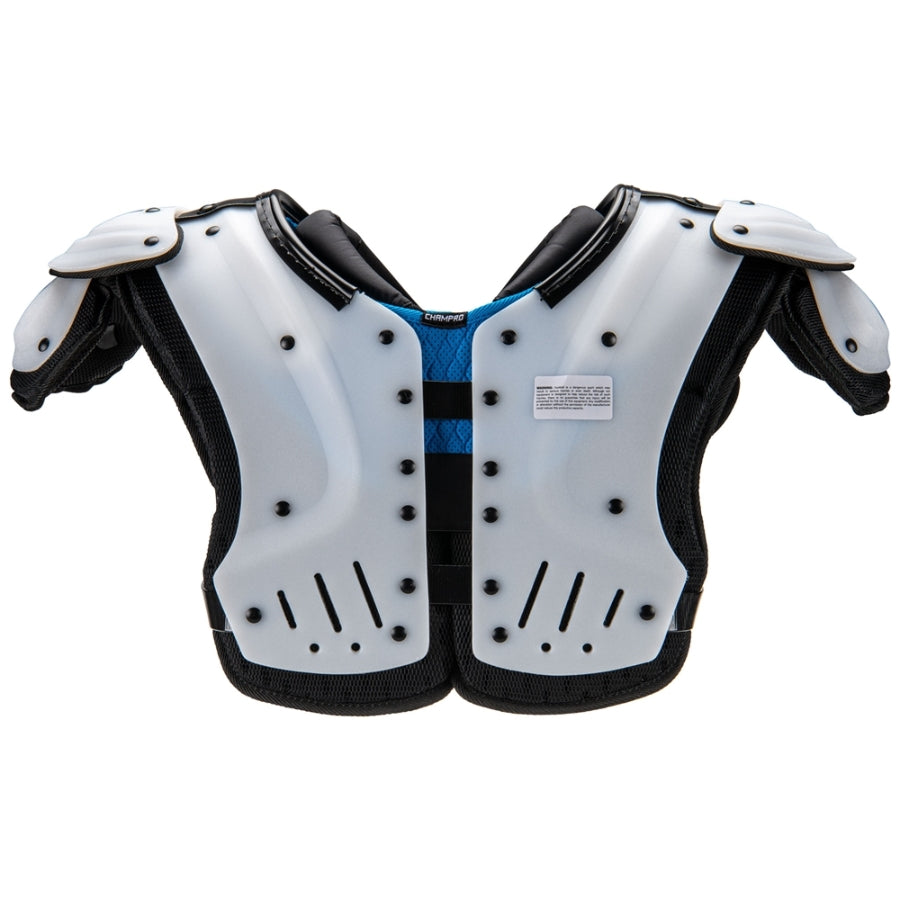 Back of White and black athletic shoulder pads with a blue center panel, shown against a plain white background.