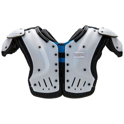 Back of White and black athletic shoulder pads with a blue center panel, shown against a plain white background.