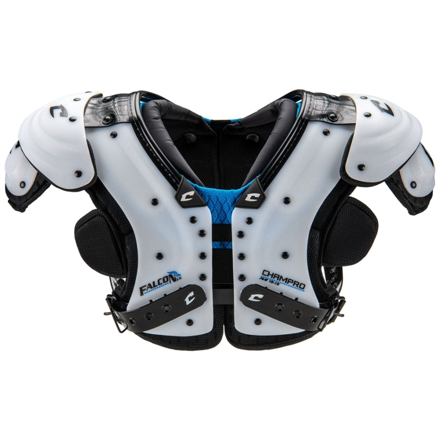 Front view of the Champro Falcon Lineman Shoulder Pad showcasing the flat pad design and expanded chest width tailored for high school offensive and defensive linemen.