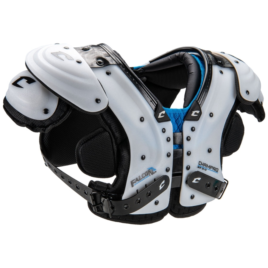 Side profile view of the Champro Falcon Lineman Shoulder Pad highlighting the heavy-duty 1.5-inch belt-and-buckle system for a secure fit in the trenches.
