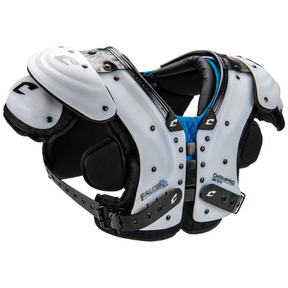 Side profile view of the Champro Falcon Lineman Shoulder Pad highlighting the heavy-duty 1.5-inch belt-and-buckle system for a secure fit in the trenches.