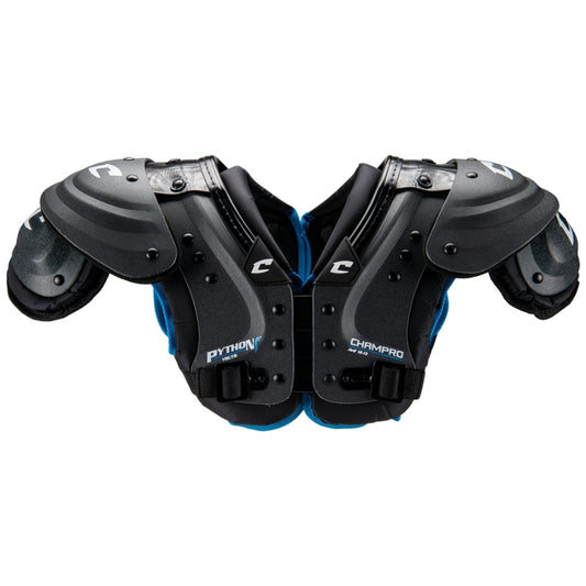 Front view of the Champro Python Youth Shoulder Pad showcasing the high-impact arches and extended chest coverage designed specifically for young football players.