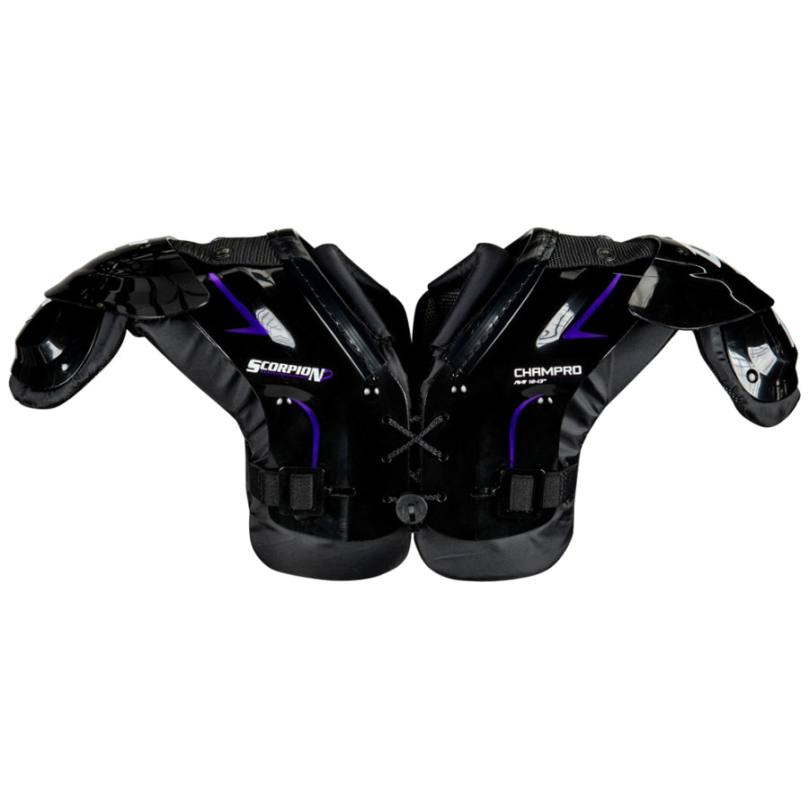 Front view of the Champro Scorpion Youth Shoulder Pad showcasing the high-impact PE arches and all-purpose chest coverage designed specifically for peewee football players.