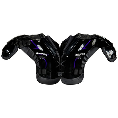 Front view of the Champro Scorpion Youth Shoulder Pad showcasing the high-impact PE arches and all-purpose chest coverage designed specifically for peewee football players.