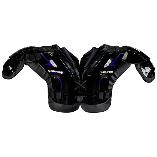 Front view of the Champro Scorpion Youth Shoulder Pad showcasing the high-impact PE arches and all-purpose chest coverage designed specifically for peewee football players.