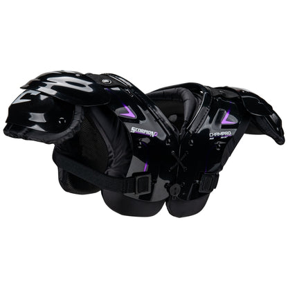Side profile view of the Champro Scorpion Youth Shoulder Pad highlighting the flexible 1-inch elastic strap and sliding buckle system for a secure, easy-to-adjust fit on youth athletes.