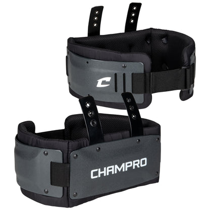 Front and side angle of the Champro Python Rib Protector showing the black, high-impact plastic outer shell with vent holes and the adjustable hook-and-loop front closure strap.
