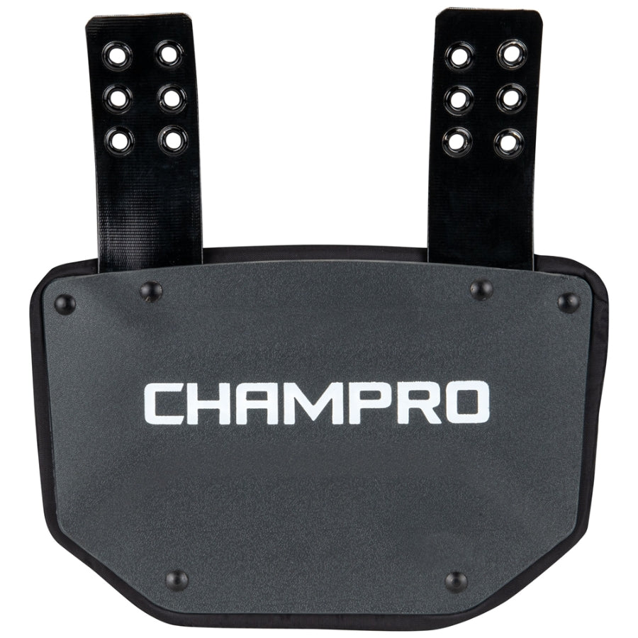 Front exterior view of the Champro Python Back Plate highlighting the ventilated, high-impact plastic shell and attachment straps.