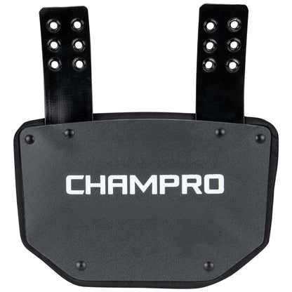 Front exterior view of the Champro Python Back Plate highlighting the ventilated, high-impact plastic shell and attachment straps.