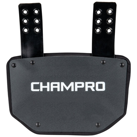 Front exterior view of the Champro Python Back Plate highlighting the ventilated, high-impact plastic shell and attachment straps.
