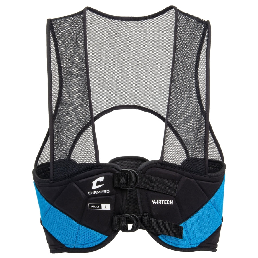 Front view of the Champro Air Tech Rib Vest showcasing the breathable mesh shoulder harness and the adjustable front closure system for a secure fit.