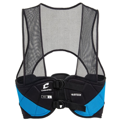 Front view of the Champro Air Tech Rib Vest showcasing the breathable mesh shoulder harness and the adjustable front closure system for a secure fit.
