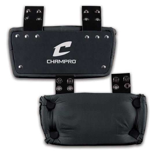 Close-up detail of the heavy-duty attachment straps and included mounting hardware on the universal fit attachable football back plate.
