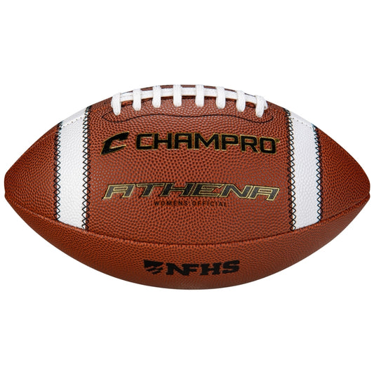 Side profile view of the brown Champro Athena Women's Football highlighting the crisp white laces, pebbled polyurethane texture, and official NFHS approved stamp.