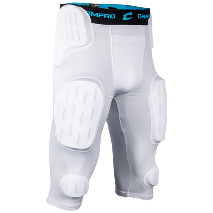 Front view of the Champro Formation 7-Pad Girdle showcasing the snug compression fabric, the heavy-duty elastic waistband, and the integrated, high-impact thigh and knee pads.