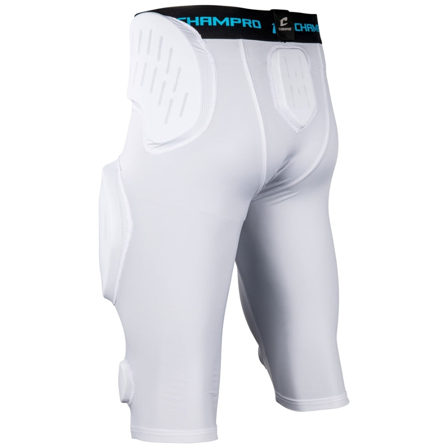 Rear angled view of the Champro Formation football girdle highlighting the built-in protective tailbone pad, wrap-around hip padding, and targeted moisture-wicking fabric panels.
