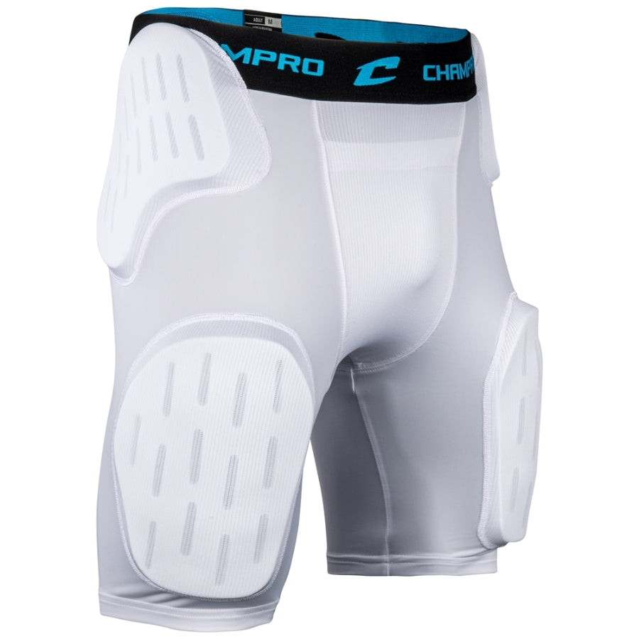 Front view of the Champro Formation 5-Pad Girdle showcasing the snug high-compression fabric, the heavy-duty elastic waistband with Champro branding, and the integrated, high-impact thigh pads.