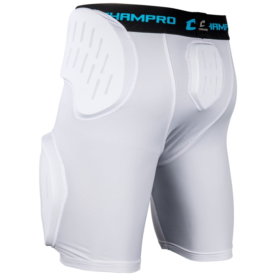 Rear angled view of the Champro Formation football girdle highlighting the built-in protective tailbone pad, wrap-around hip padding, and targeted moisture-wicking poly-spandex fabric panels.