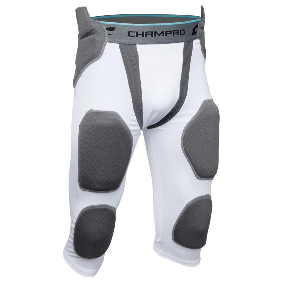 Front view of the Champro Tri-Flex 7-Pad Integrated Girdle showcasing the snug high-compression fabric, integrated cup pocket, and the unique triangular-segmented Tri-Flex padding on the thighs and extended knee pads.