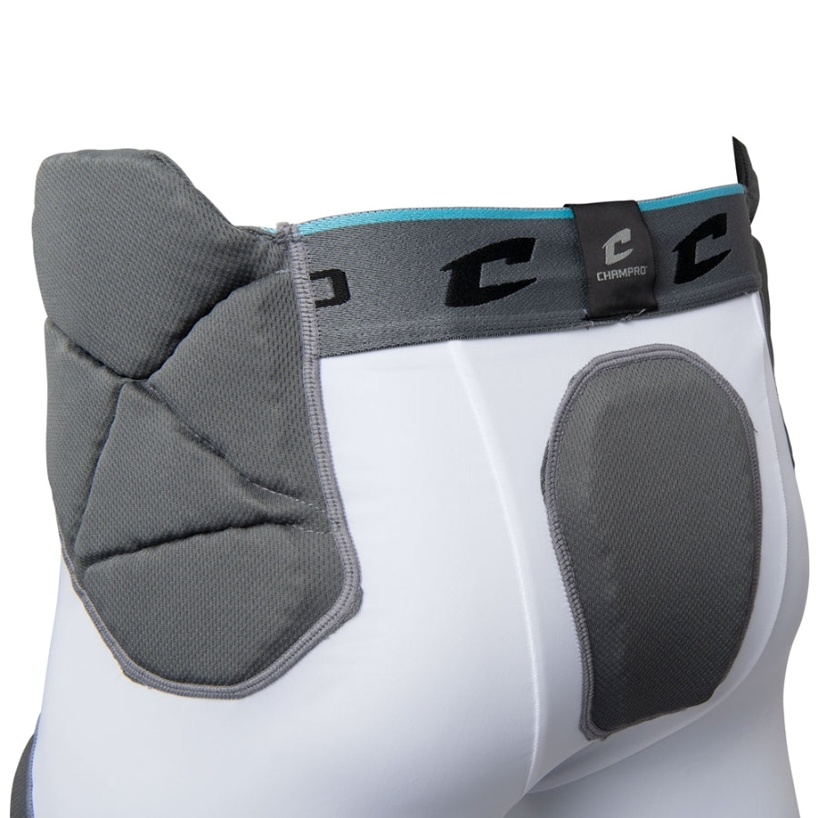 Rear angled view of the Champro Tri-Flex 7-pad football girdle highlighting the flexible segmented tailbone pad, wrap-around hip padding, and the heavy-duty elastic Champro waistband.