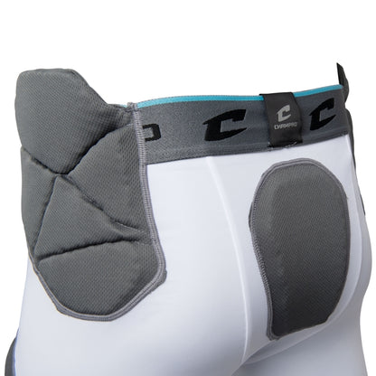 Rear angled view of the Champro Tri-Flex 7-pad football girdle highlighting the flexible segmented tailbone pad, wrap-around hip padding, and the heavy-duty elastic Champro waistband.