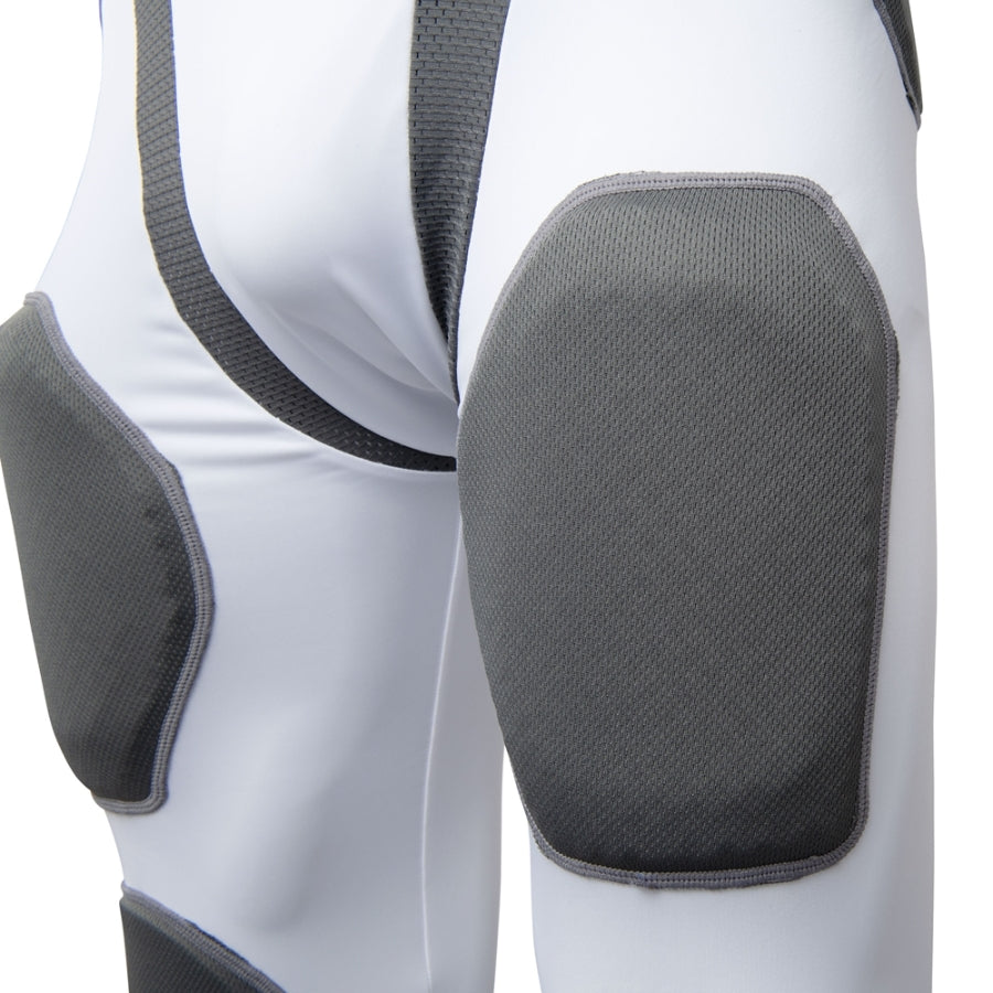 Detail shot of the lower leg section, highlighting the permanently integrated knee pads and the breathable, 4-way stretch DRI-GEAR moisture-wicking fabric used throughout the padded football compression shorts.