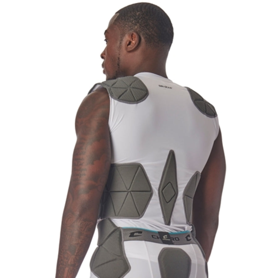 Side and rear angled view of the Champro padded compression shirt highlighting the wrap-around rib padding that contours to the torso and the breathable moisture-wicking fabric.