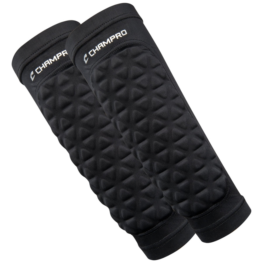 Front view of the Champro Tri-Flex Forearm Sleeves pair laid flat side-by-side, showcasing the black compression fabric and the textured, triangular-segmented Tri-Flex padding covering the forearm area.
