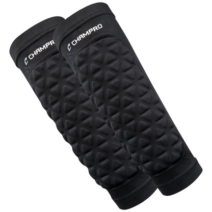 Front view of the Champro Tri-Flex Forearm Sleeves pair laid flat side-by-side, showcasing the black compression fabric and the textured, triangular-segmented Tri-Flex padding covering the forearm area.