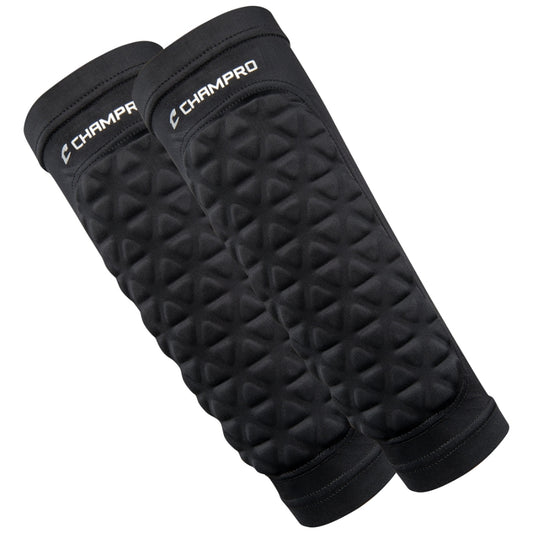 Front view of the Champro Tri-Flex Forearm Sleeves pair laid flat side-by-side, showcasing the black compression fabric and the textured, triangular-segmented Tri-Flex padding covering the forearm area.