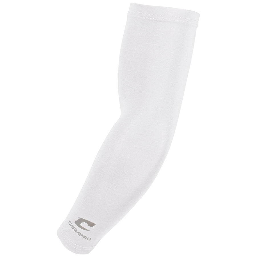 Full view of the Champro Compression Arm Sleeve laid flat in a curved, ergonomic arm shape, showcasing the smooth, solid-colored compression fabric and the silver Champro "C" logo near the wrist.