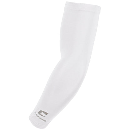 Full view of the Champro Compression Arm Sleeve laid flat in a curved, ergonomic arm shape, showcasing the smooth, solid-colored compression fabric and the silver Champro "C" logo near the wrist.