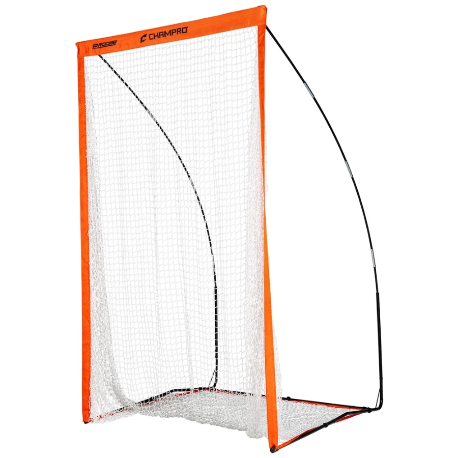 Angled side profile of the Champro portable football kicking screen highlighting the shock-absorbent fiberglass poles and the weighted steel base frame designed to prevent tipping.