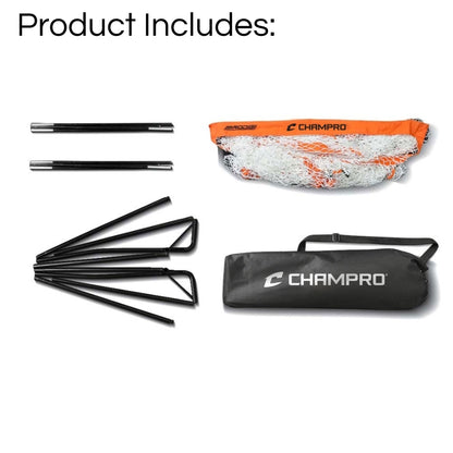 View of the Champro kicking screen fully collapsed, folded down, and packed neatly inside the included black nylon carrying bag for easy sideline transport.