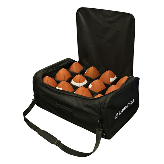 Overhead open view of the Champro football equipment bag displaying the individual football compartments holding 12 full-size footballs upright and securely.