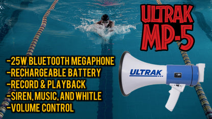Ultrak MP-5 megaphone with pool background and product features listed