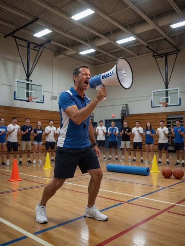 Man with a megaphone addressing a group of people in a gymnasium.