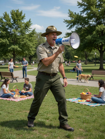 Man in park ranger uniform using a megaphone in a park setting with people and picnic areas.