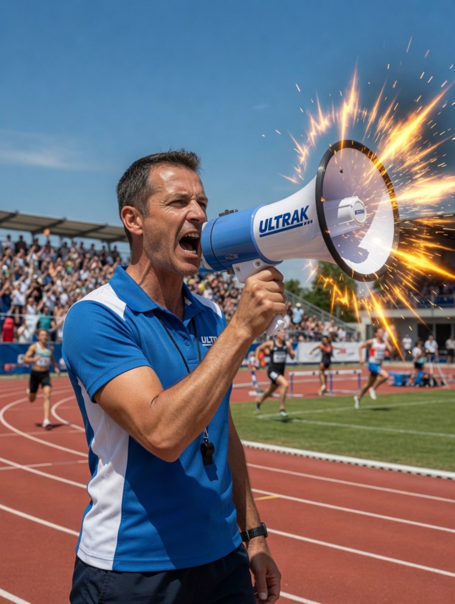 Man with a megaphone labeled 'ULTRAK' on a sports field with running track and stadium.