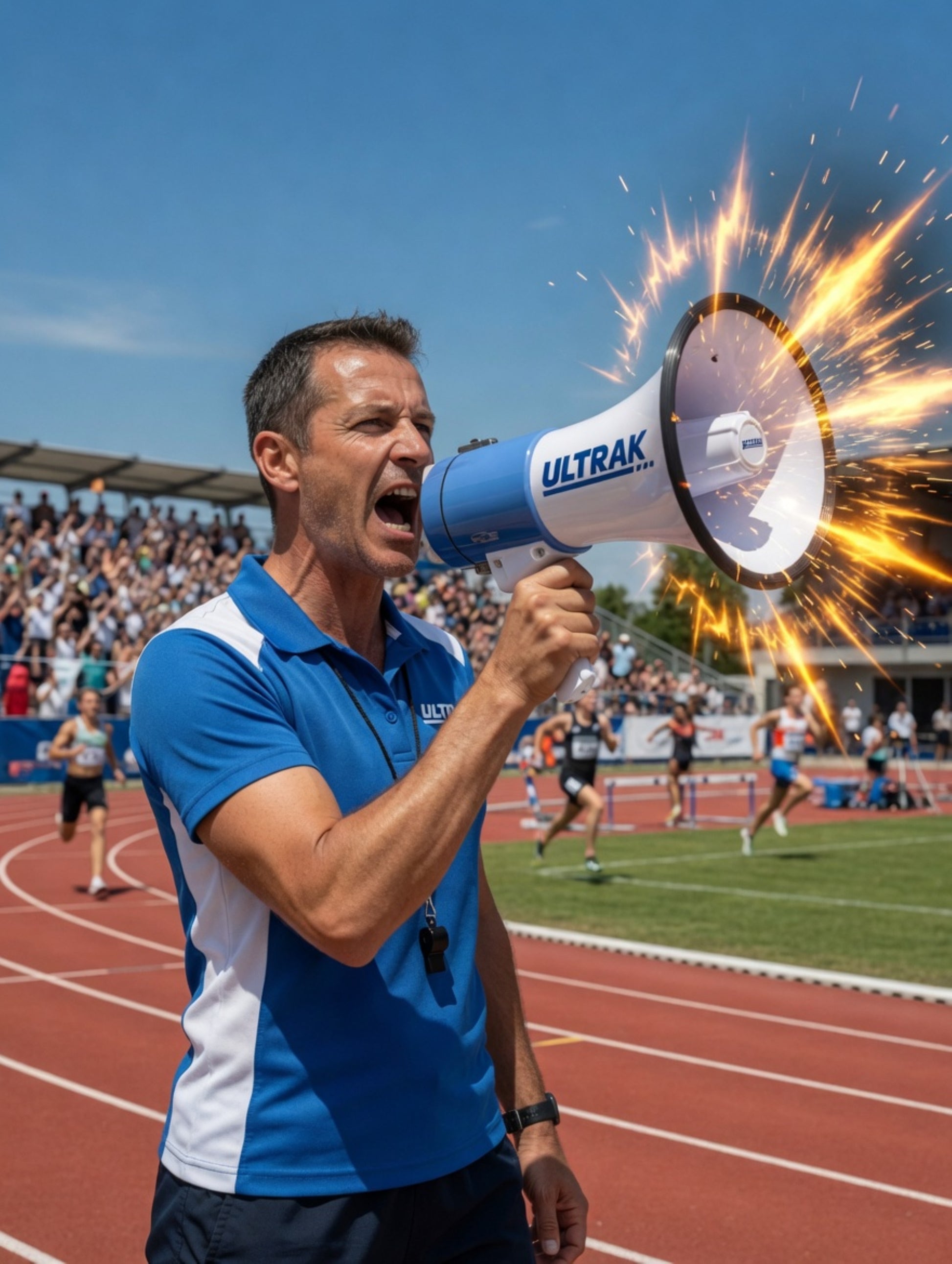 Man with a megaphone labeled 'ULTRAK' on a sports field with running track and stadium.