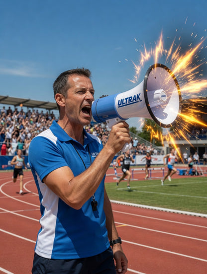 Man with a megaphone labeled 'ULTRAK' on a sports field with running track and stadium.