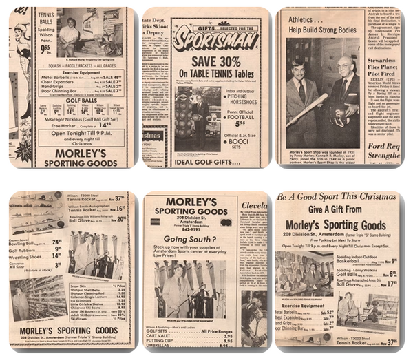 A collage of six vintage black-and-white newspaper clippings featuring articles and holiday advertisements for Morley's Sporting Goods. The clippings showcase old product prices for athletic gear like tennis rackets, golf balls, and exercise equipment, alongside historic photographs of store owners, including Kenneth R. Morley and H. Richard Morley. Several of the ads list the store's former address at 208 Division St., Amsterdam.