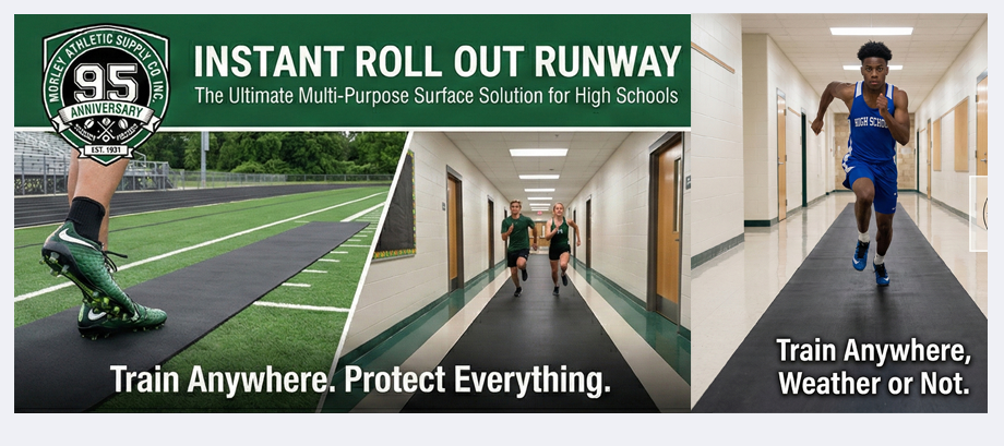 An advertisement banner composite for Morley Athletic Supply Co. Inc.'s "INSTANT ROLL OUT RUNWAY," described as "The Ultimate Multi-Purpose Surface Solution for High Schools." The top green band displays the company's 95th Anniversary logo (est. 1931) and the product title. Below, the banner is split into three photo panels with text overlays. The left panel shows a close-up of an athlete's legs in green running shoes on the black mat unrolled over a stadium grass field; text reads, 'Train Anywhere.' The mi