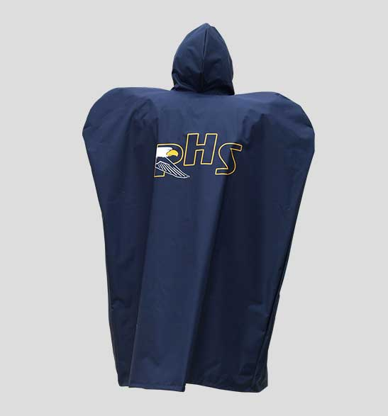 Fisher football sideline cape unlined in navy blue printed with RHS logo on back - back view