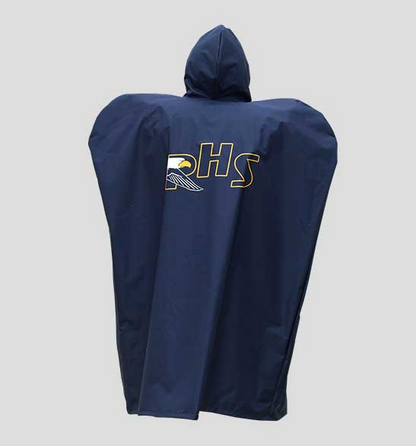 Fisher football sideline cape unlined in navy blue printed with RHS logo on back - back view