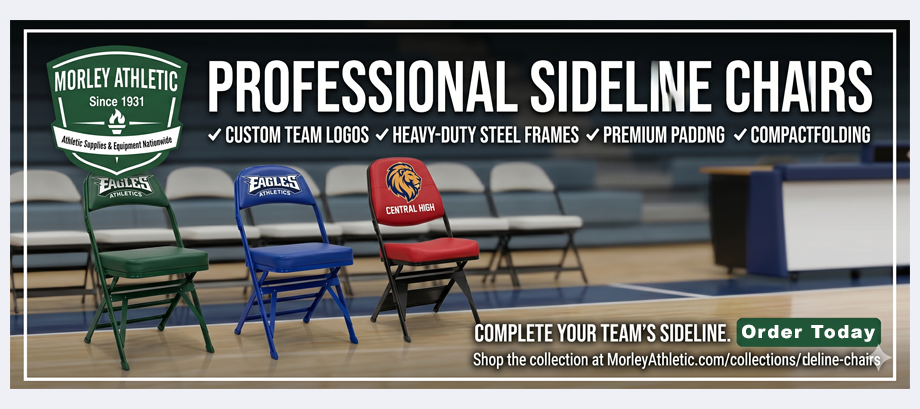 An image of a marketing banner for 'Morley Athletic' custom sideline chairs. The banner has a dark frame. At the top left, the company's shield logo is displayed in green with white text reading 'MORLEY ATHLETIC Since 1931' and 'Athletic Supplies & Equipment Nationwide'. To its right is large, bold, white text that reads 'PROFESSIONAL SIDELINE CHAIRS'. Below this title are four checkmarked points with white text: '✓ CUSTOM TEAM LOGOS', '✓ HEAVY-DUTY STEEL FRAMES', '✓ PREMIUM PADDNG', and '✓ COMPACTFOLDING'.