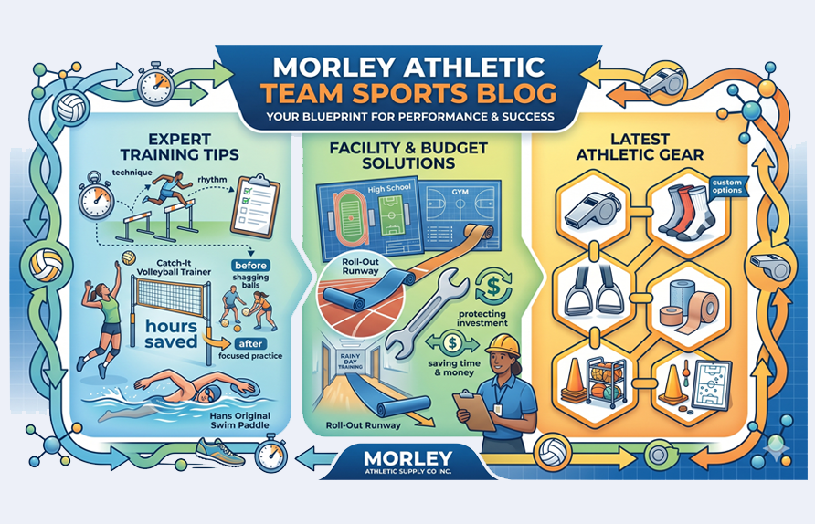 Infographic titled Morley Athletic Team Sports Blog divided into three sections: Expert Training Tips featuring illustrations of a hurdler, volleyball player, and swimmer; Facility & Budget Solutions highlighting a roll-out track runway and facility planning blueprints; and Latest Athletic Gear displaying a grid of sports equipment including a whistle, socks, athletic tape, and a ball cart.