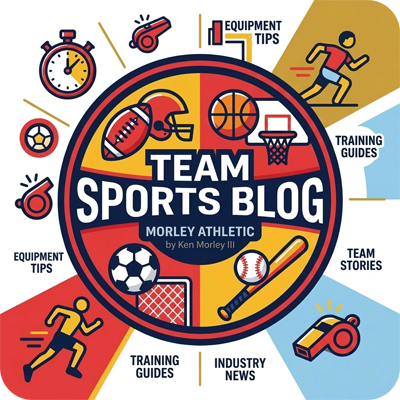 A colorful graphic for a sports blog featuring a central circular badge that reads "TEAM SPORTS BLOG," "MORLEY ATHLETIC," and "by Ken Morley III," surrounded by icons of a football, basketball, a soccer ball, and a baseball with a bat. The outer edges display blog categories including "Equipment Tips," "Training Guides," "Team Stories," and "Industry News," interspersed with icons of running athletes, stopwatches, and whistles.