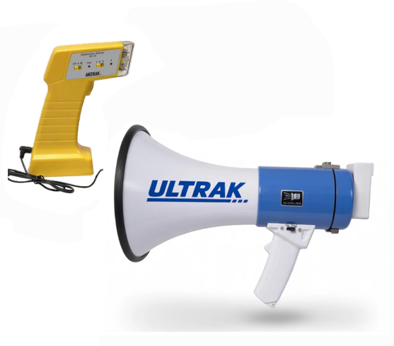 SP-70 starting wand kit with MP-5 megaphone.  Yellow handheld device and blue and white megaphone with 'ULTRAK' branding on a white background