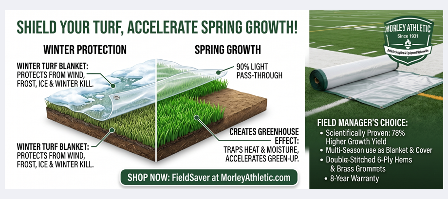 A marketing infographic for "FieldSaver," a winter turf blanket and spring growth cover by Morley Athletic.

The left panel is a detailed, split-view illustration of a soil cross-section with grass. On the left under "WINTER PROTECTION," dormant brown grass is covered by a layer of snow and ice, with a dark green turf blanket over it. Callouts state: "WINTER TURF BLANKET: PROTECTS FROM WIND, FROST, ICE & WINTER KILL" (duplicated for emphasis). On the right under "SPRING GROWTH," vibrant green grass grows ra